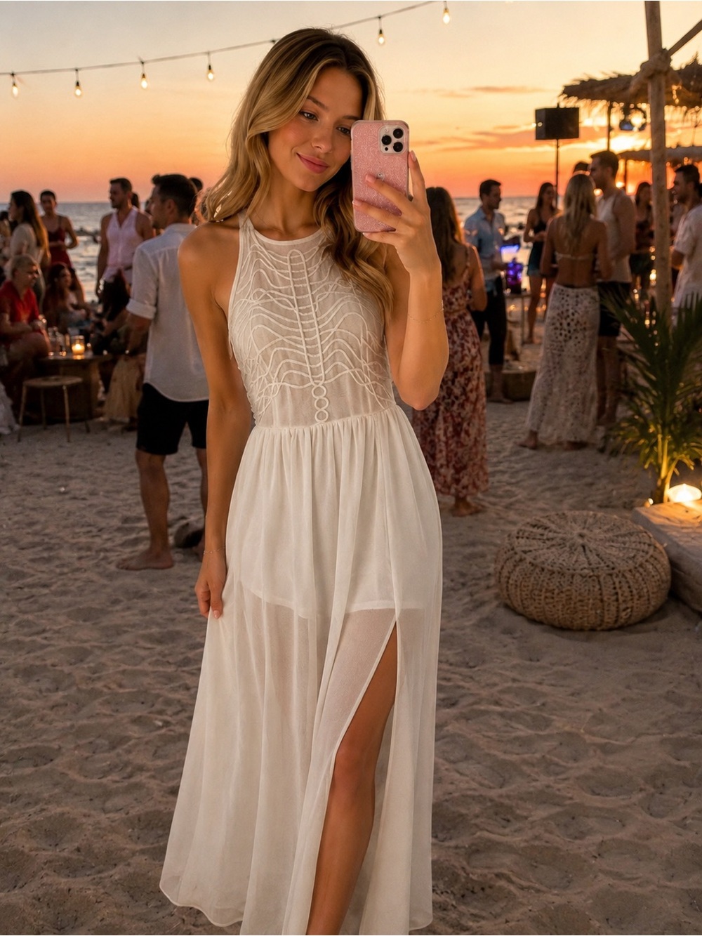 Sheer White Halter Maxi Dress with Embroidered Bodice